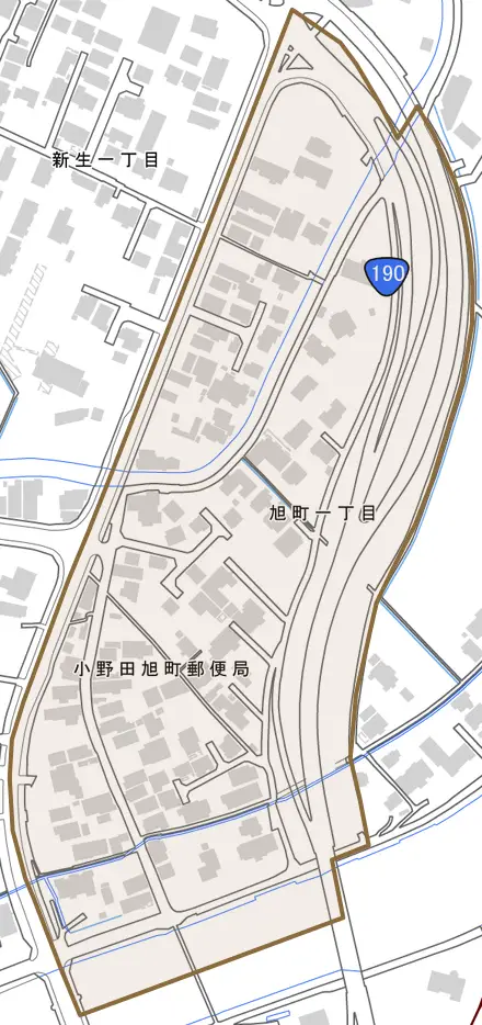 旭町とその周辺の地図。町の範囲を重ねている