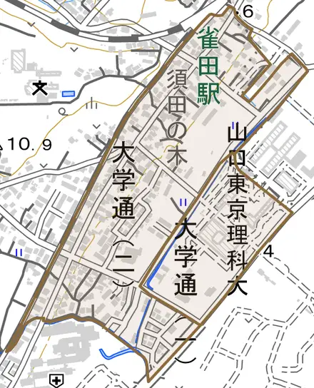 大学通とその周辺の地図。町の範囲を重ねている