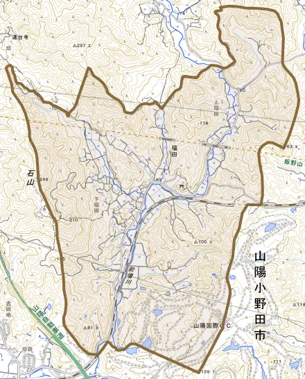 大字福田とその周辺の地図。町の範囲を重ねている