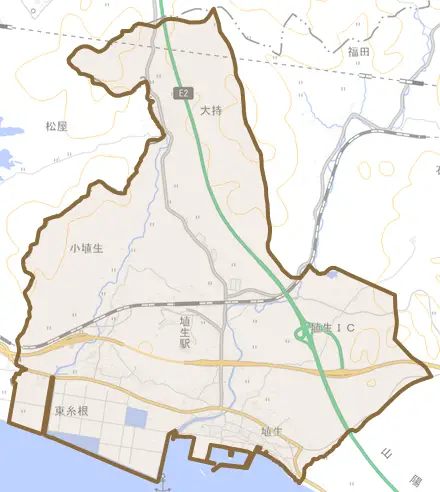 大字埴生とその周辺の地図。町の範囲を重ねている