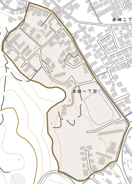 波瀬とその周辺の地図。町の範囲を重ねている