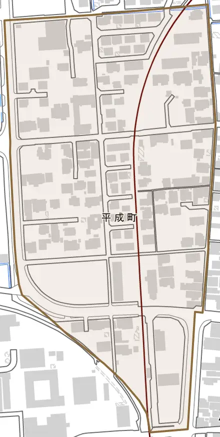 平成町とその周辺の地図。町の範囲を重ねている