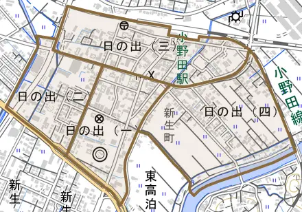 日の出とその周辺の地図。町の範囲を重ねている
