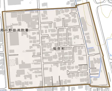 稲荷町とその周辺の地図。町の範囲を重ねている