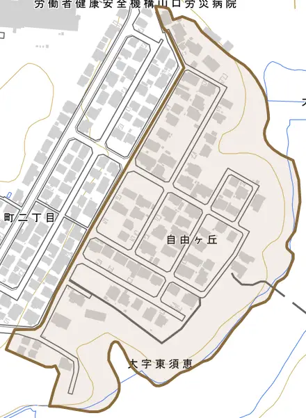 自由ヶ丘とその周辺の地図。町の範囲を重ねている