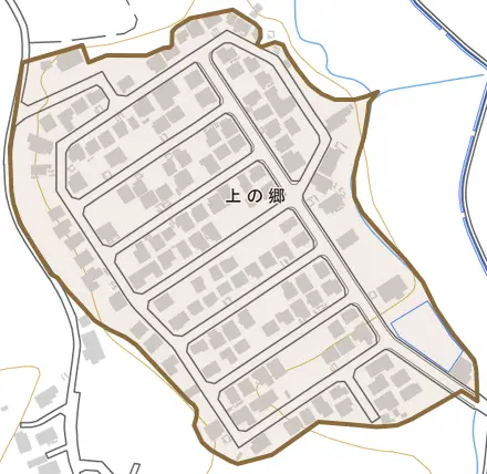 上の郷とその周辺の地図。町の範囲を重ねている