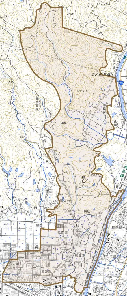 大字鴨庄とその周辺の地図。町の範囲を重ねている