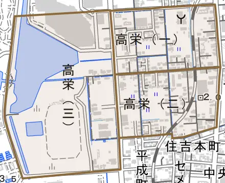高栄とその周辺の地図。町の範囲を重ねている