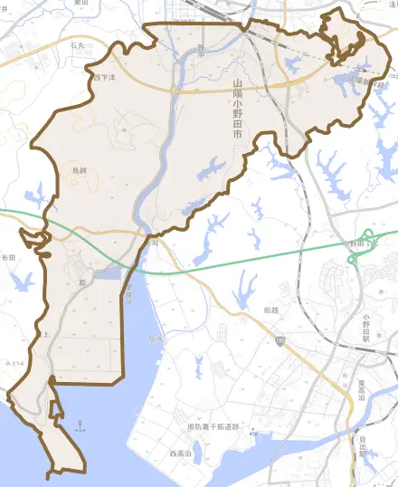 大字郡とその周辺の地図。町の範囲を重ねている