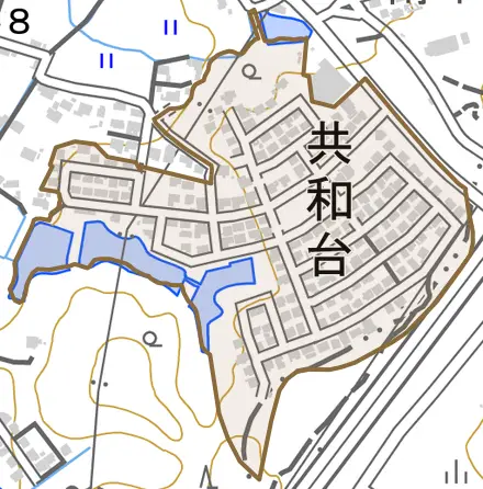 共和台とその周辺の地図。町の範囲を重ねている