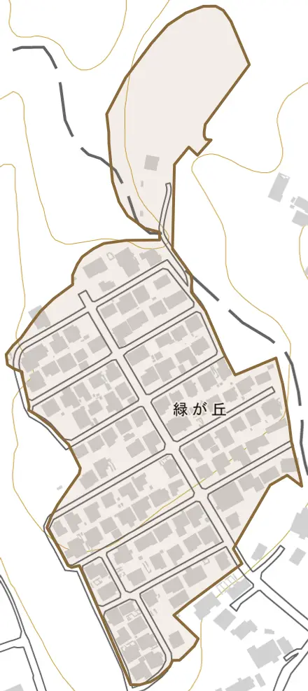 緑が丘とその周辺の地図。町の範囲を重ねている