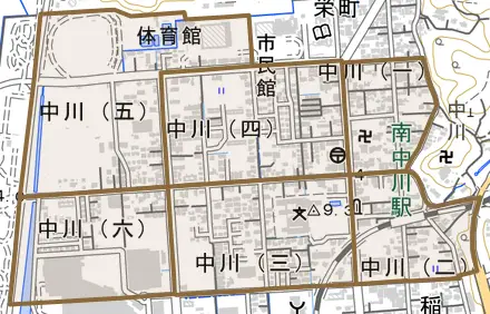 中川とその周辺の地図。町の範囲を重ねている