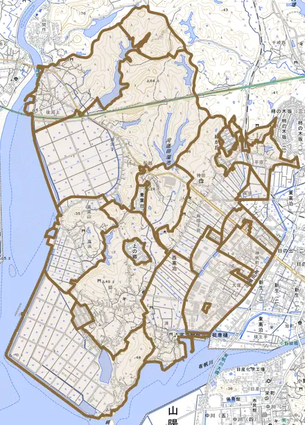 大字西高泊とその周辺の地図。町の範囲を重ねている