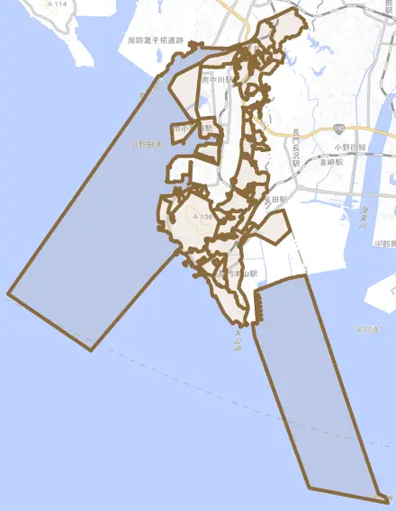 大字小野田とその周辺の地図。町の範囲を重ねている