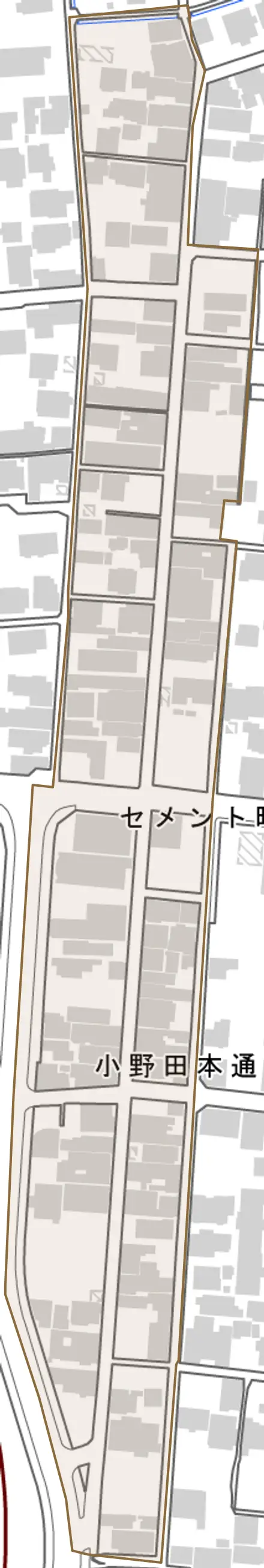 セメント町とその周辺の地図。町の範囲を重ねている