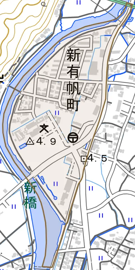 新有帆町とその周辺の地図。町の範囲を重ねている