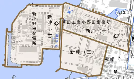 新沖とその周辺の地図。町の範囲を重ねている