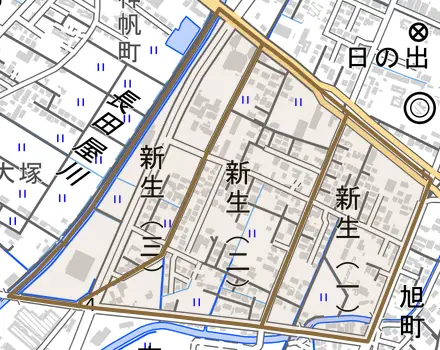 新生とその周辺の地図。町の範囲を重ねている
