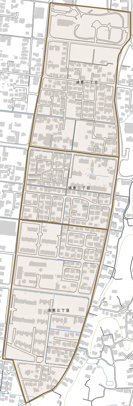須恵とその周辺の地図。町の範囲を重ねている