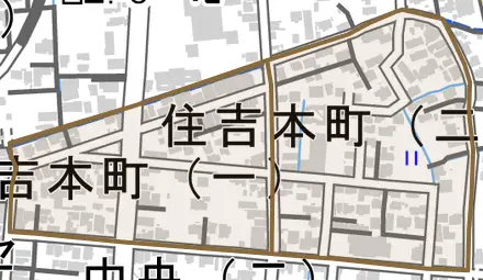 住吉本町とその周辺の地図。町の範囲を重ねている