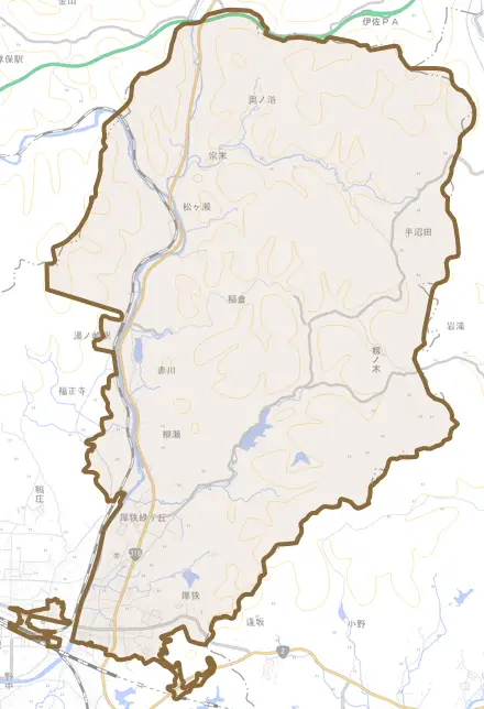 大字厚狭とその周辺の地図。町の範囲を重ねている