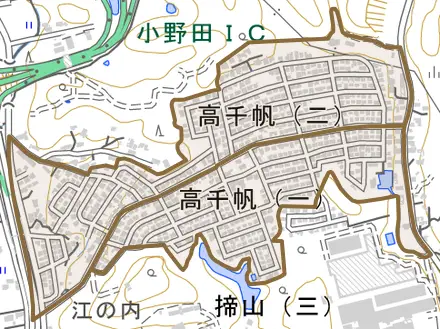高千帆とその周辺の地図。町の範囲を重ねている