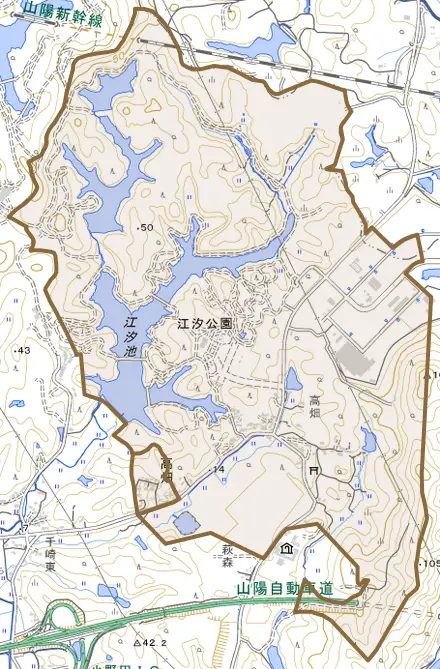 大字高畑とその周辺の地図。町の範囲を重ねている