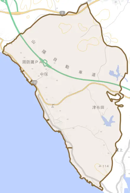 大字津布田とその周辺の地図。町の範囲を重ねている