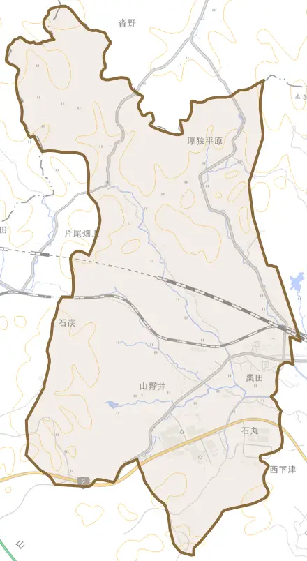 大字山野井とその周辺の地図。町の範囲を重ねている
