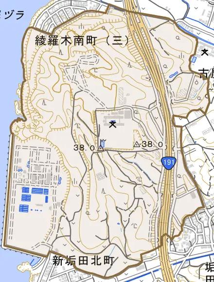 大字垢田とその周辺の地図。町の範囲を重ねている