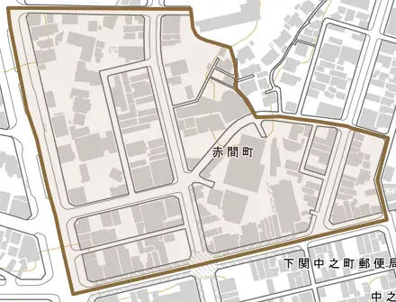 赤間町とその周辺の地図。町の範囲を重ねている