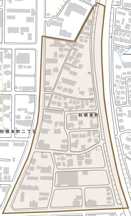 秋根東町とその周辺の地図。町の範囲を重ねている