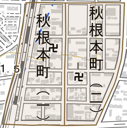 秋根本町とその周辺の地図。町の範囲を重ねている