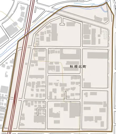 秋根北町とその周辺の地図。町の範囲を重ねている