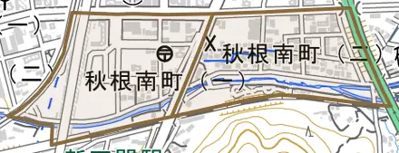 秋根南町とその周辺の地図。町の範囲を重ねている