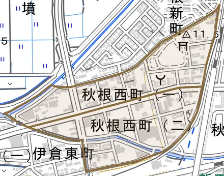 秋根西町とその周辺の地図。町の範囲を重ねている