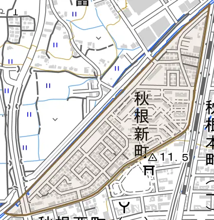 秋根新町とその周辺の地図。町の範囲を重ねている