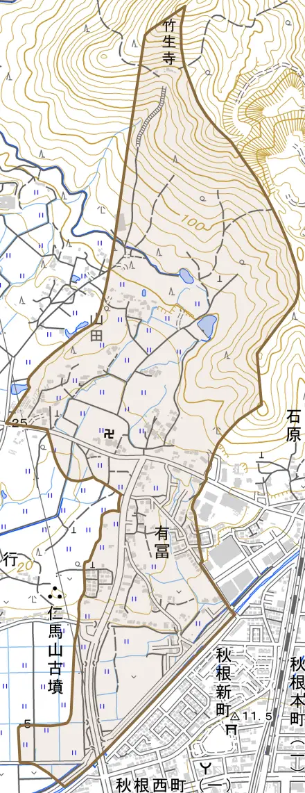 大字有冨とその周辺の地図。町の範囲を重ねている