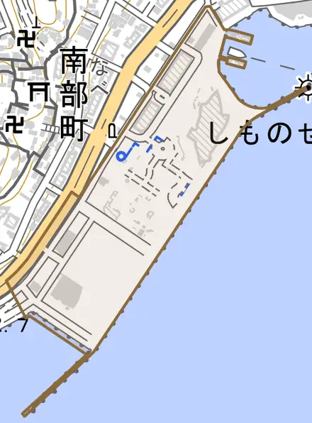 あるかぽーととその周辺の地図。町の範囲を重ねている