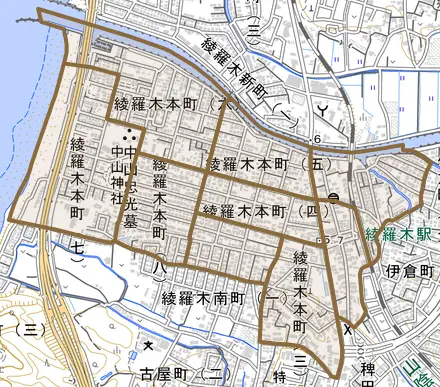 綾羅木本町とその周辺の地図。町の範囲を重ねている