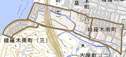 綾羅木南町とその周辺の地図。町の範囲を重ねている