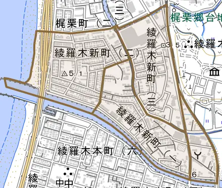 綾羅木新町とその周辺の地図。町の範囲を重ねている