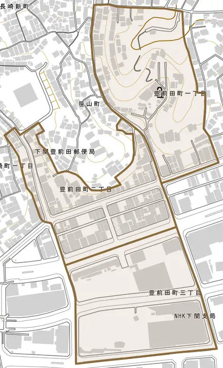 豊前田町とその周辺の地図。町の範囲を重ねている