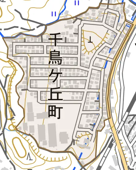 千鳥ケ丘町とその周辺の地図。町の範囲を重ねている