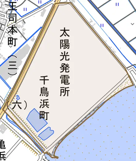 千鳥浜町とその周辺の地図。町の範囲を重ねている