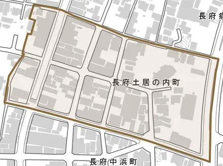 長府土居の内町とその周辺の地図。町の範囲を重ねている
