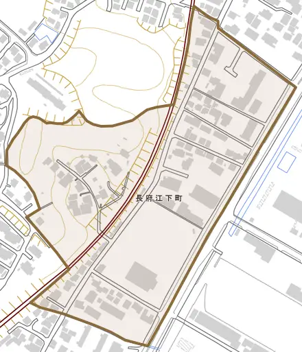 長府江下町とその周辺の地図。町の範囲を重ねている