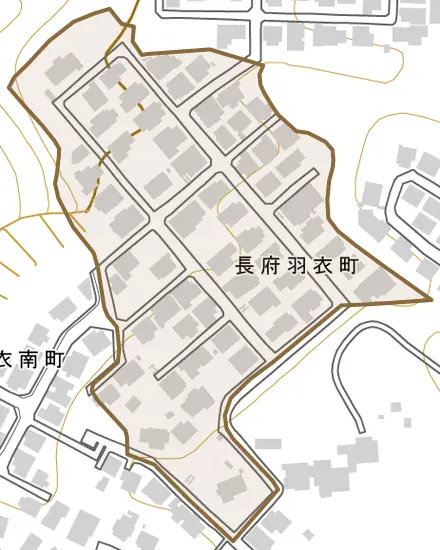 長府羽衣町とその周辺の地図。町の範囲を重ねている