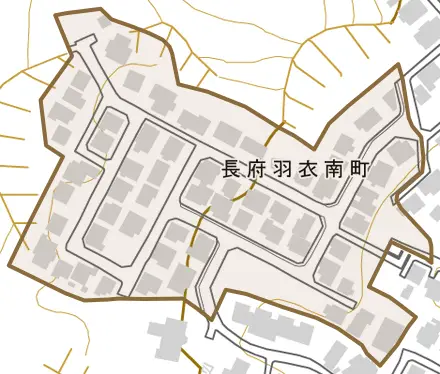 長府羽衣南町とその周辺の地図。町の範囲を重ねている