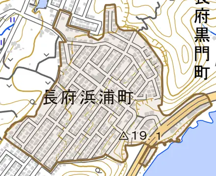 長府浜浦町とその周辺の地図。町の範囲を重ねている